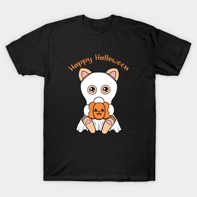 Happy Halloween Cute ghost Cat, Kawaii black cat with pumpkin T-Shirt by JS ARTE